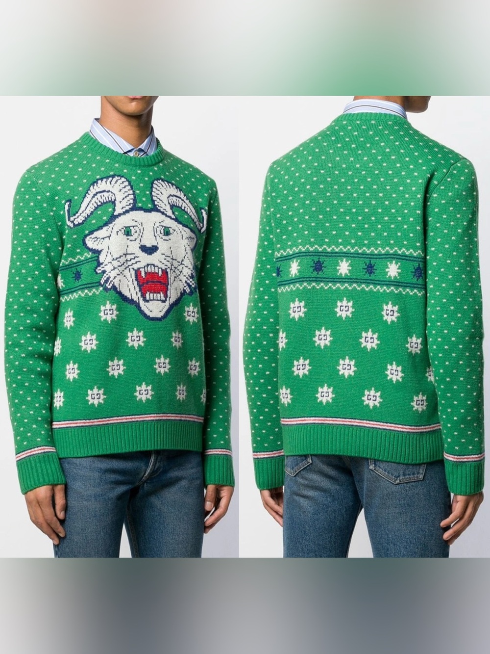 Gucci Green Goat Head Wool Knitted Sweater